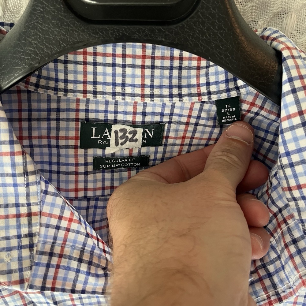 Ralph Lauren‎ Button Down Shirt Mens L Blue Plaid Checked Supine Cotton - Read - Picture 3 of 5
